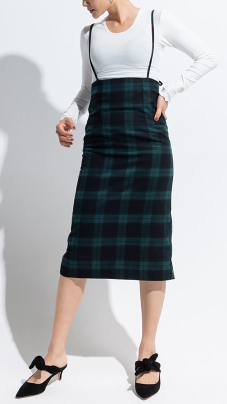 サスペンダーチェックスカート