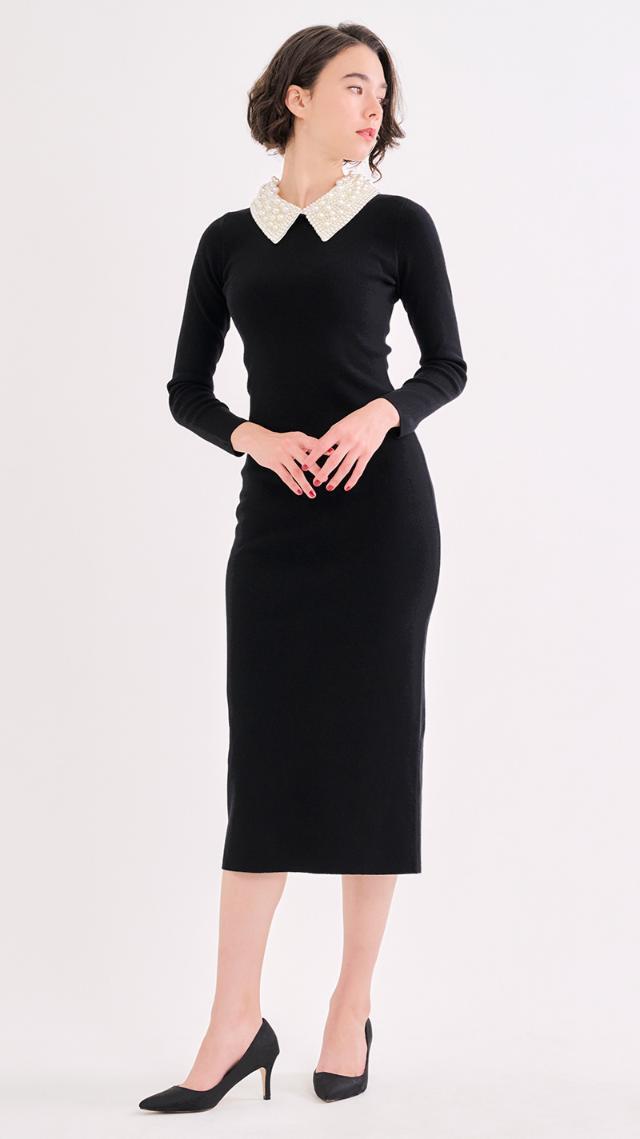 2WAY パール付け襟ニットワンピース