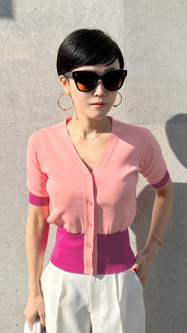 JENNE　配色５分袖ニットカーディガン