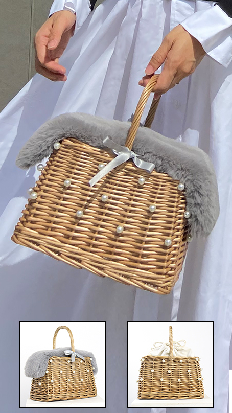 ハンドメイドパールバスケット【ファー付き】