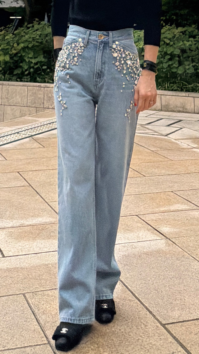 手刺繍クリアビジューデニム